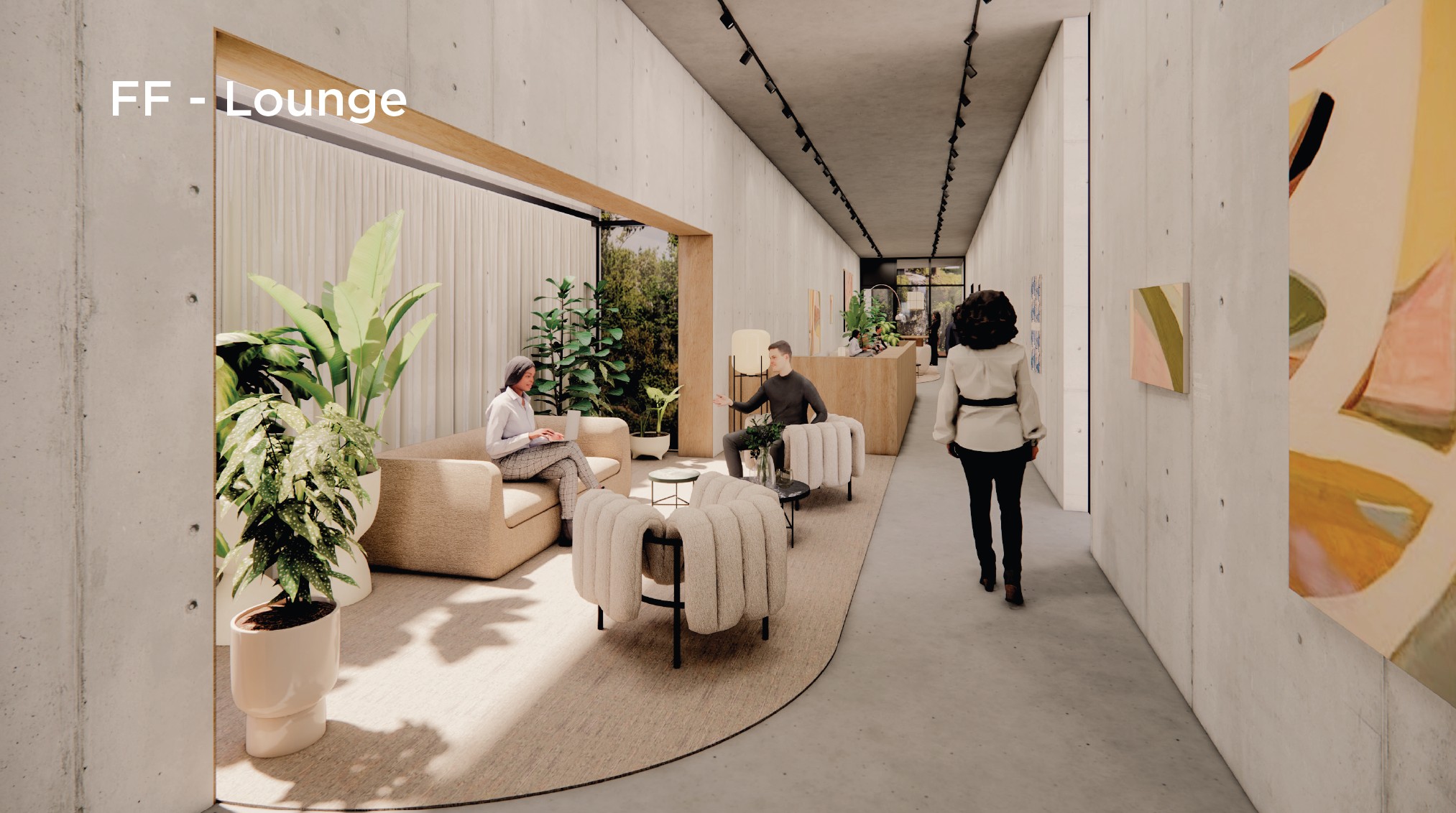 Moderne lounge in Fred. Roeskestraat met zitgelegenheid, planten en mensen in gesprek.